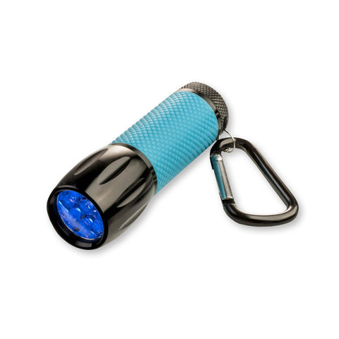 Blue flashlight with carabiner on a white background