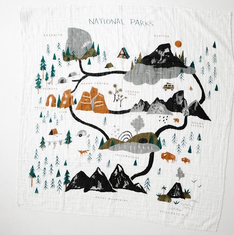 Map of national parks with illustrations on a white background