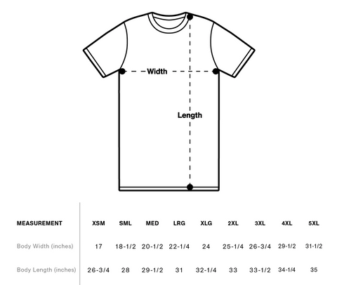 Diagram of a t-shirt with measurements for width and length, and a chart below for body dimensions.