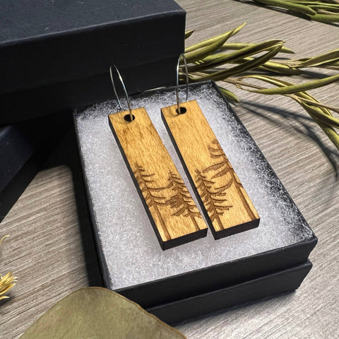 Wood Earrings - Tall Pines Laser Engraved Rectangle