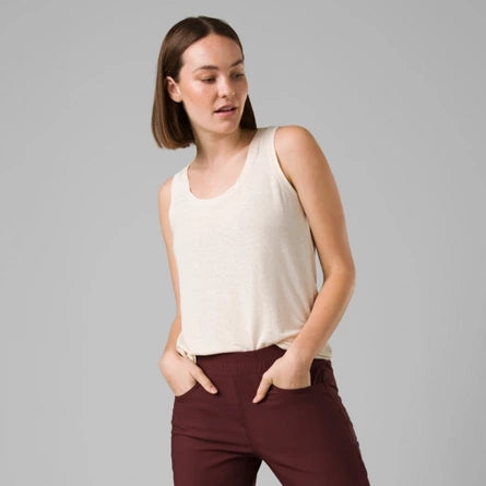 prAna clothing Cozy Up Tank, canvas heather, sustainable clothing for women, recycled content and hemp, Scoop neck knit tank with self binding at neck and armhole. 