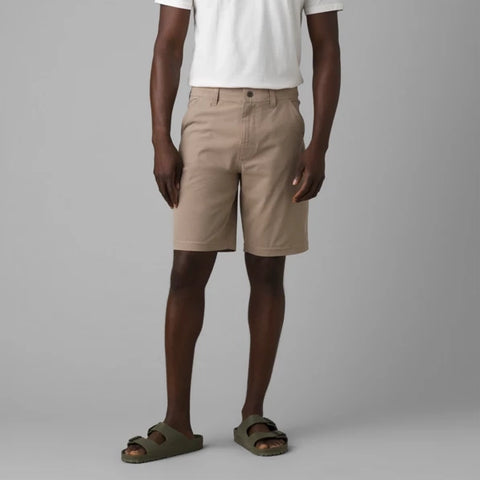 prAna Hybridizer Short Dark Khaki, men's sustainable clothing, recycled material. Interior drawstring at waistband. Reverse entry back welt pockets. Hidden elastic key loop at back right pocket.
