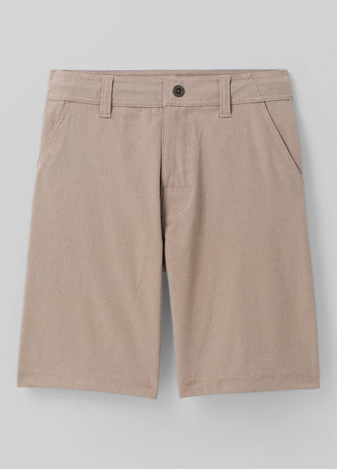 prAna Hybridizer Short Dark Khaki, men's sustainable clothing, recycled material. Interior drawstring at waistband. Reverse entry back welt pockets. Hidden elastic key loop at back right pocket.