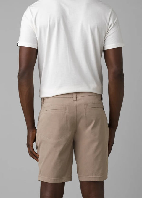 prAna Hybridizer Short Dark Khaki, men's sustainable clothing, recycled material. Interior drawstring at waistband. Reverse entry back welt pockets. Hidden elastic key loop at back right pocket.