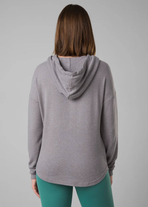 prAna women's Foresta Top, pull over hoodie with kangaroo pouch, sustainable clothing made with recycled material in heather grey.