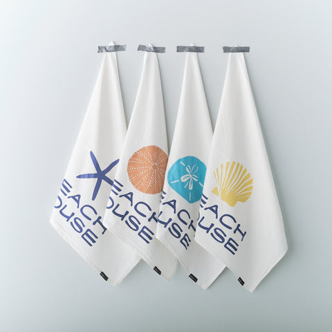 Beach House Flour Sack Towels, Starfish, Sea Urchin, Sand Dollar, Scallop