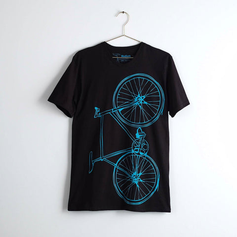 Men's Fixie Tee - Bright Teal Bike on Black Cotton t-shirt