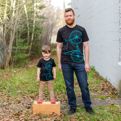 Men's Fixie Tee - Bright Teal Bike on Black Cotton t-shirt