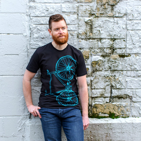 Men's Fixie Tee - Bright Teal Bike on Black Cotton t-shirt