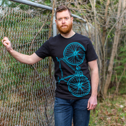 Men's Fixie Tee - Bright Teal Bike on Black Cotton t-shirt