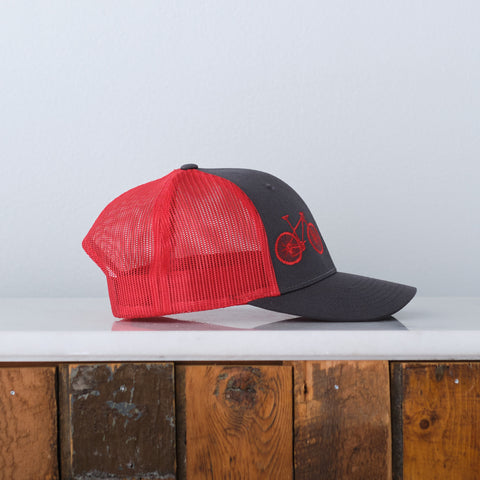 Mountain Bike Low Profile Trucker Cap, Red and Charcoal