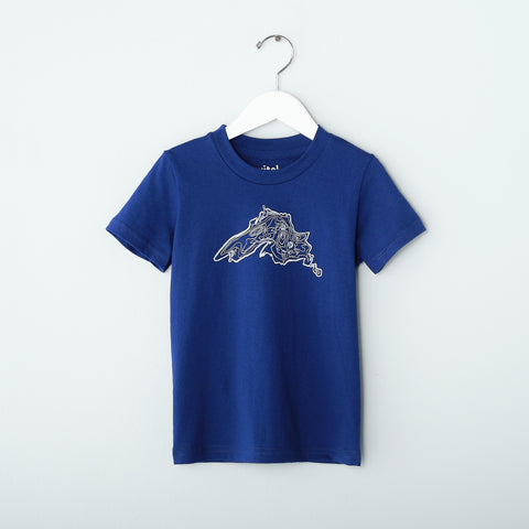 Kids Lake Superior TSHIRT, White on Lapis Blue Cotton Tee