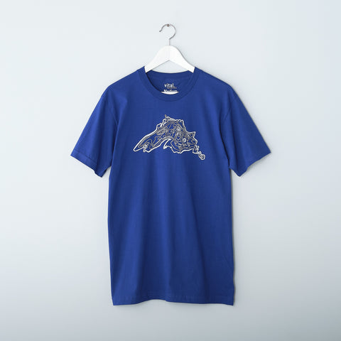Men's Lake Superior Tee - White on Lapis Blue Cotton t-shirt