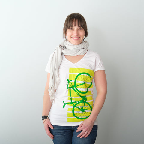 Women’s Road Bike V-neck tee, Green and Citron - Final Sale