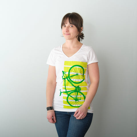 Women’s Road Bike V-neck tee, Green and Citron - Final Sale