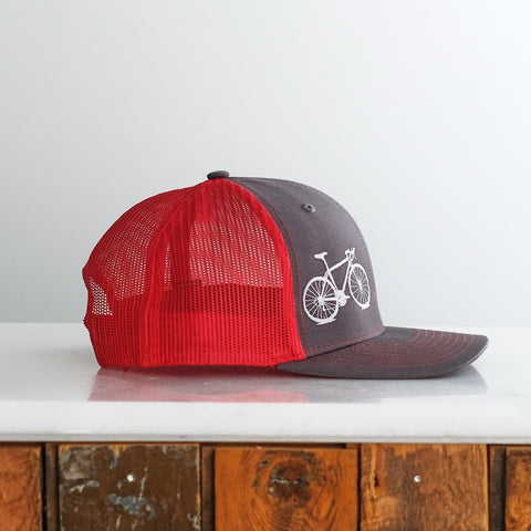 Bicycle Trucker Cap, matte gray on charcoal/red hat