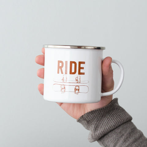 Ski and Ride printed Skis and Snowboard enamel mug