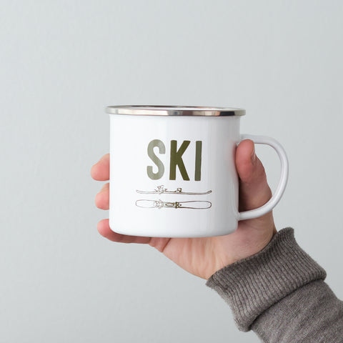 Ski and Ride printed Skis and Snowboard enamel mug