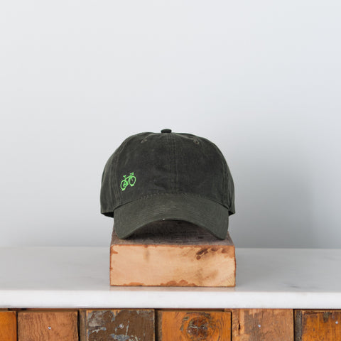 Bicycle, Mini embroidery Waxed canvas trucker cap, Dark olive