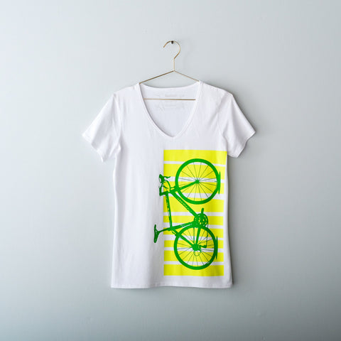 Women’s Road Bike V-neck tee, Green and Citron - Final Sale