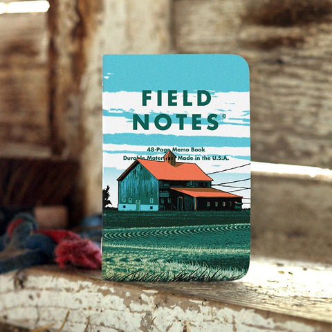 memo notebook with image of barn on cover