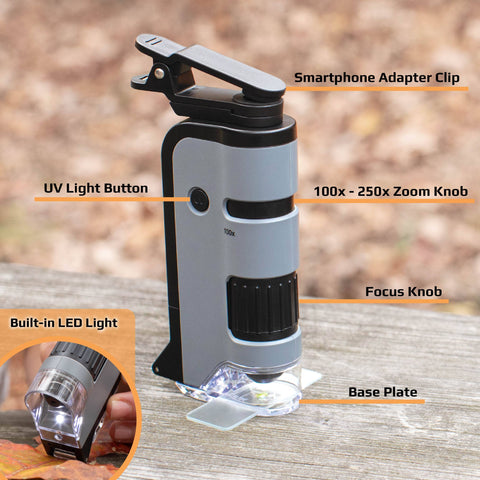 100x-250x LED High Power Pocket Microscope w/ Phone Adapter