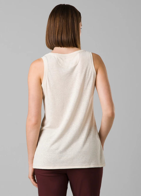prAna clothing Cozy Up Tank, canvas heather, sustainable clothing for women, recycled content and hemp, Scoop neck knit tank with self binding at neck and armhole.
