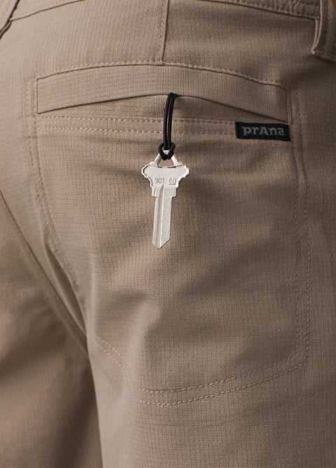 prAna Hybridizer Short Dark Khaki, men's sustainable clothing, recycled material. Interior drawstring at waistband. Reverse entry back welt pockets. Hidden elastic key loop at back right pocket.