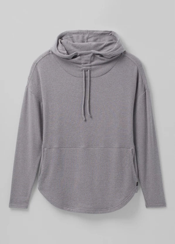 prAna women's Foresta Top, pull over hoodie with kangaroo pouch, sustainable clothing made with recycled material in heather grey.