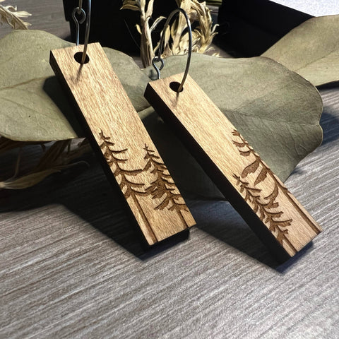 Pine Tree wood laser engraved earrings
