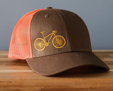 Bicycle Embroidered Trucker Hat - Rust and Loden with Goldenrod Bike