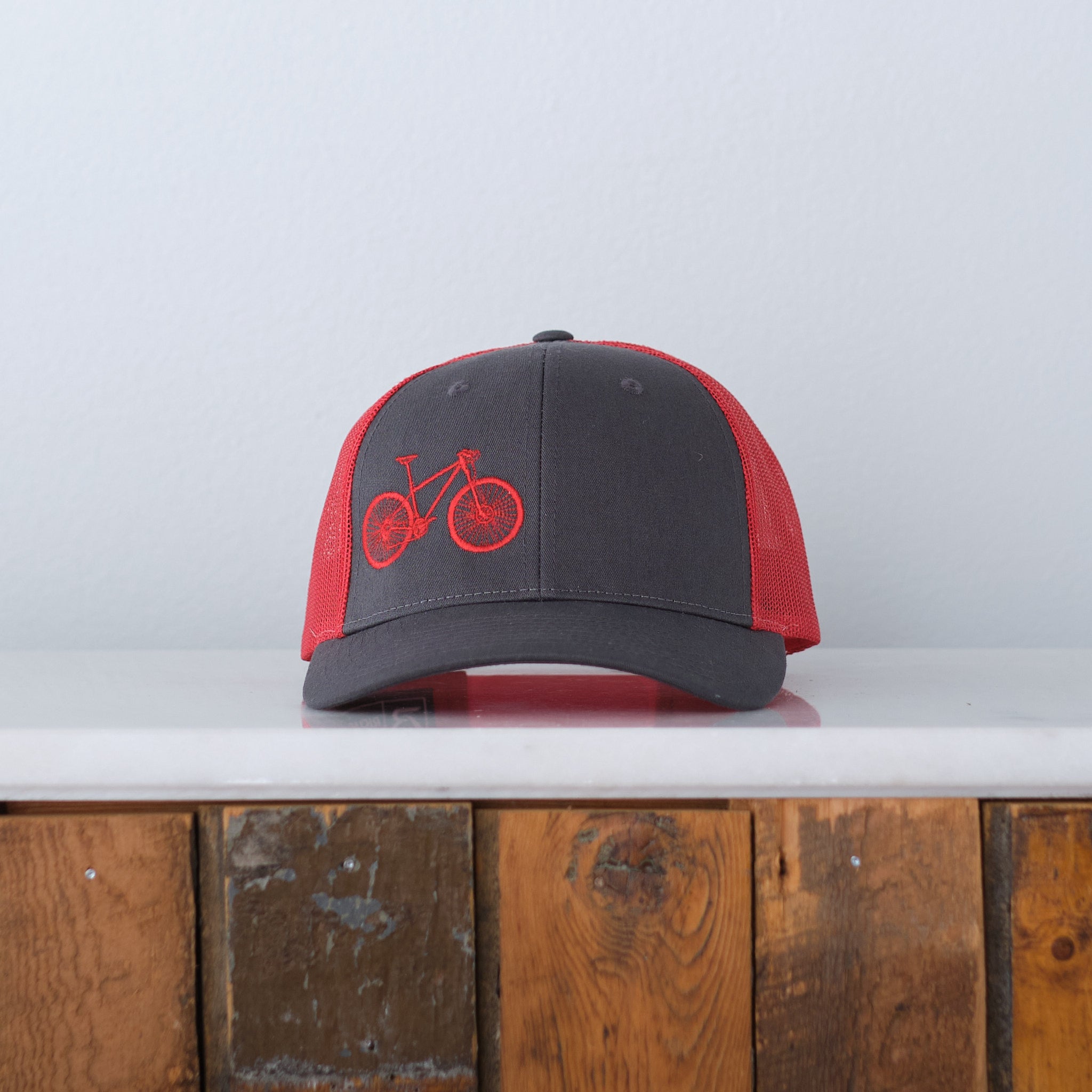 Mountain Bike Low Profile Trucker Cap, Red and Charcoal