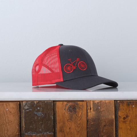 Mountain Bike Low Profile Trucker Cap, Red and Charcoal