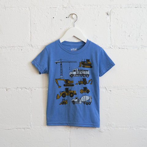 Kids Construction Equipment Tri-Blend Tee, Azure Blue