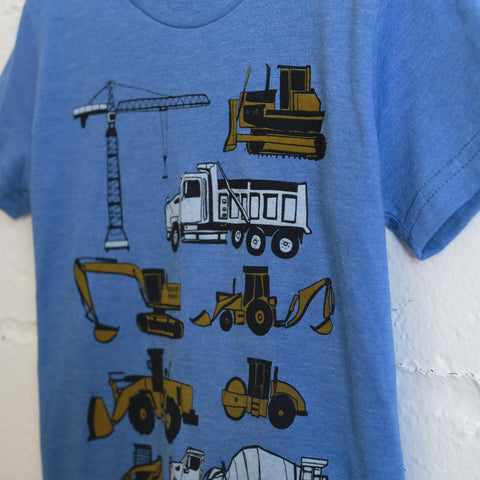 Kids Construction Equipment Tri-Blend Tee, Azure Blue