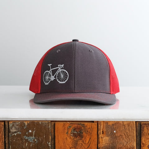 Bicycle Trucker Cap, matte gray on charcoal/red hat