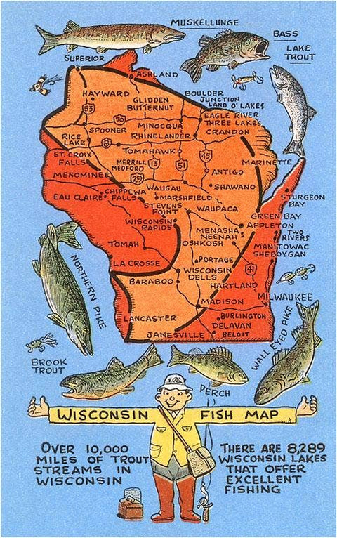 Wisconsin Fish Map - Vintage Image, Postcard