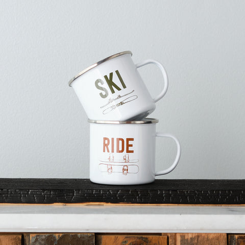 Ski and Ride printed Skis and Snowboard enamel mug