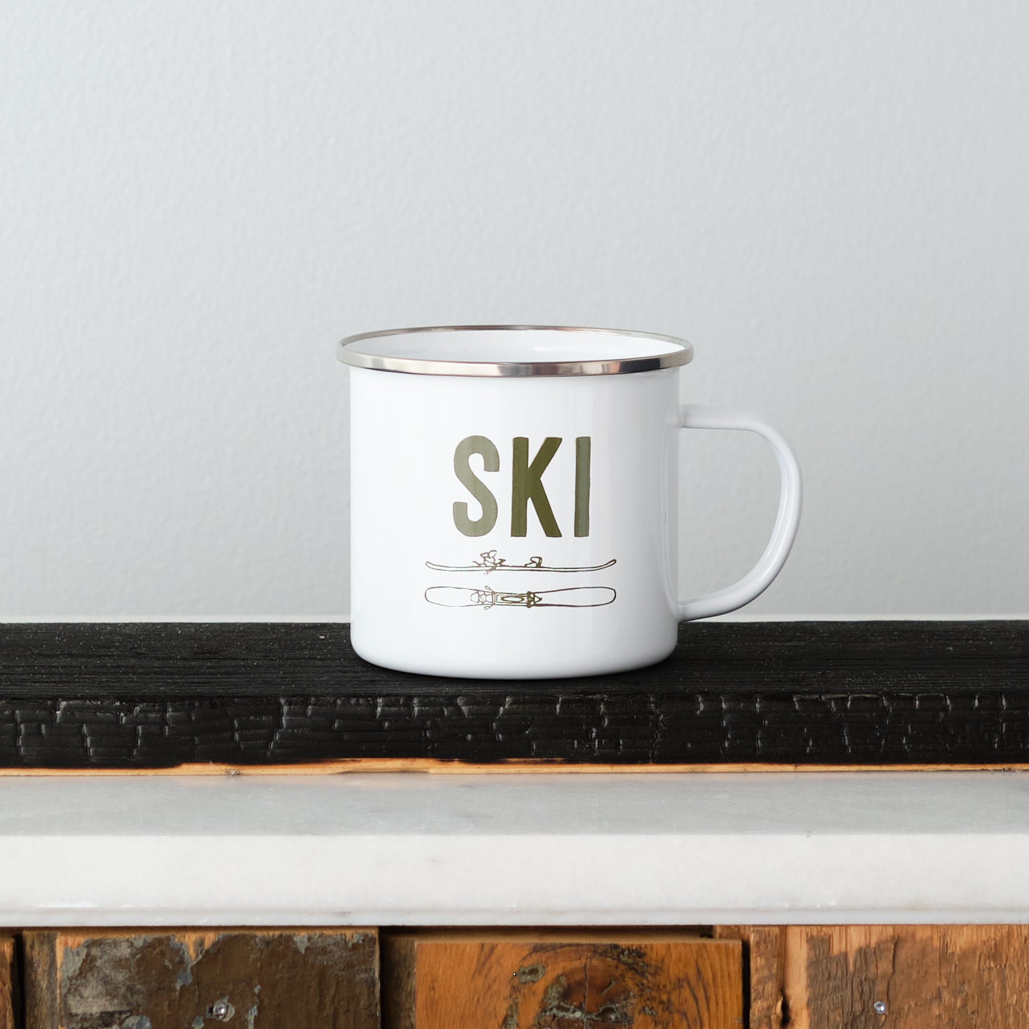 Ski and Ride printed Skis and Snowboard enamel mug