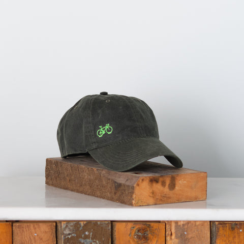 Bicycle, Mini embroidery Waxed canvas trucker cap, Dark olive