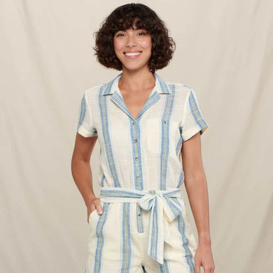 Toad & Co Women's Camp Cove Romper, organic cotton, blue and white stripes.